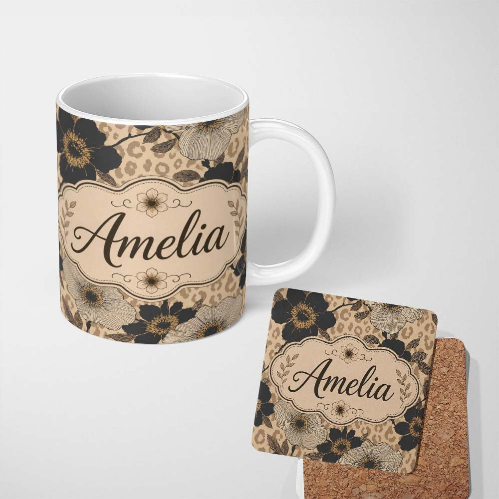 Personalized Custom Name Monochrome Floral with Large Flowers and Subtle Leopard Print Lovely 11oz Ceramic Coffee Tea Mug White Large Handle