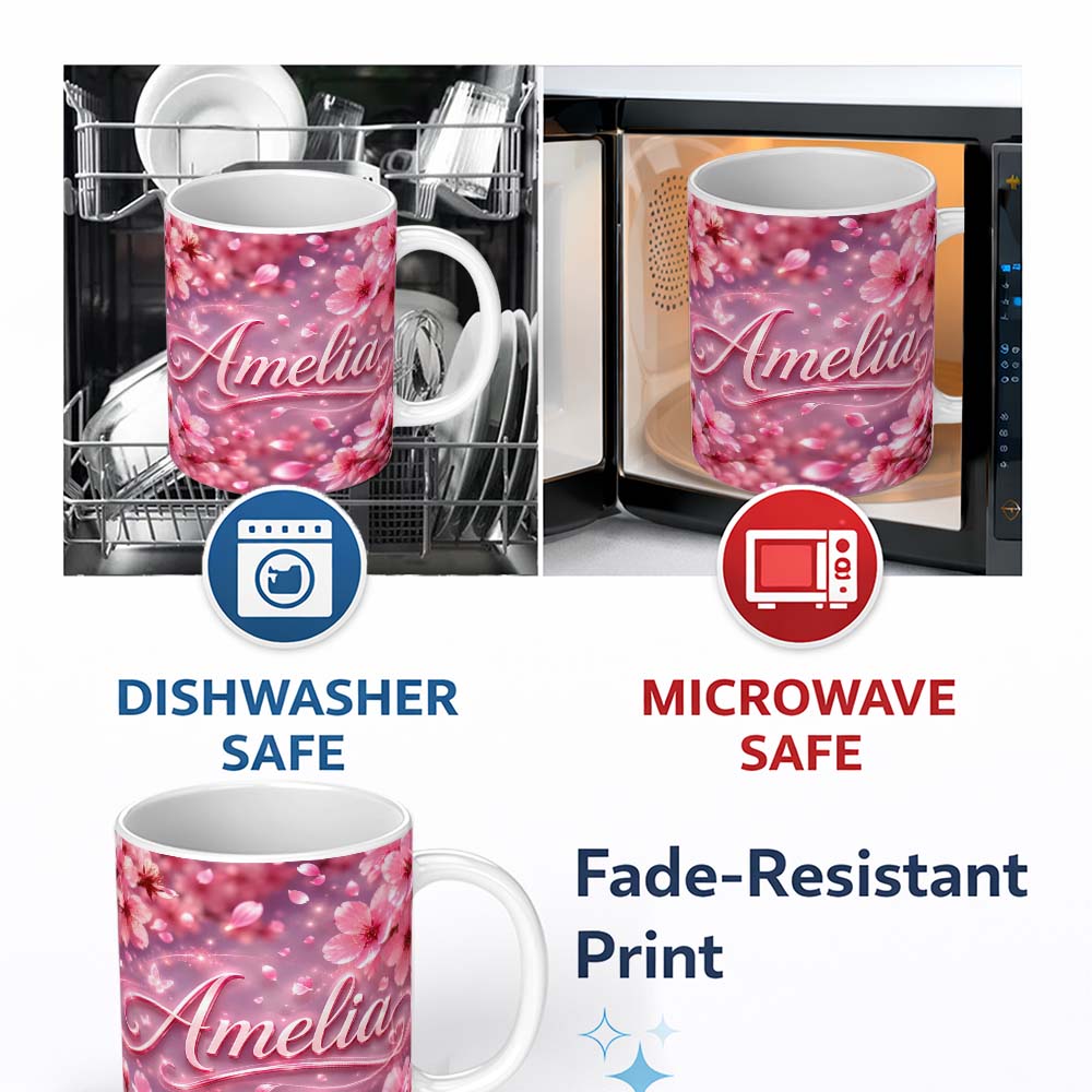 Personalized Custom Name Dreamy Pink Cherry Blossom Branches with Soft Focus Gentle Spring 11oz Ceramic Coffee Tea Mug White Large Handle
