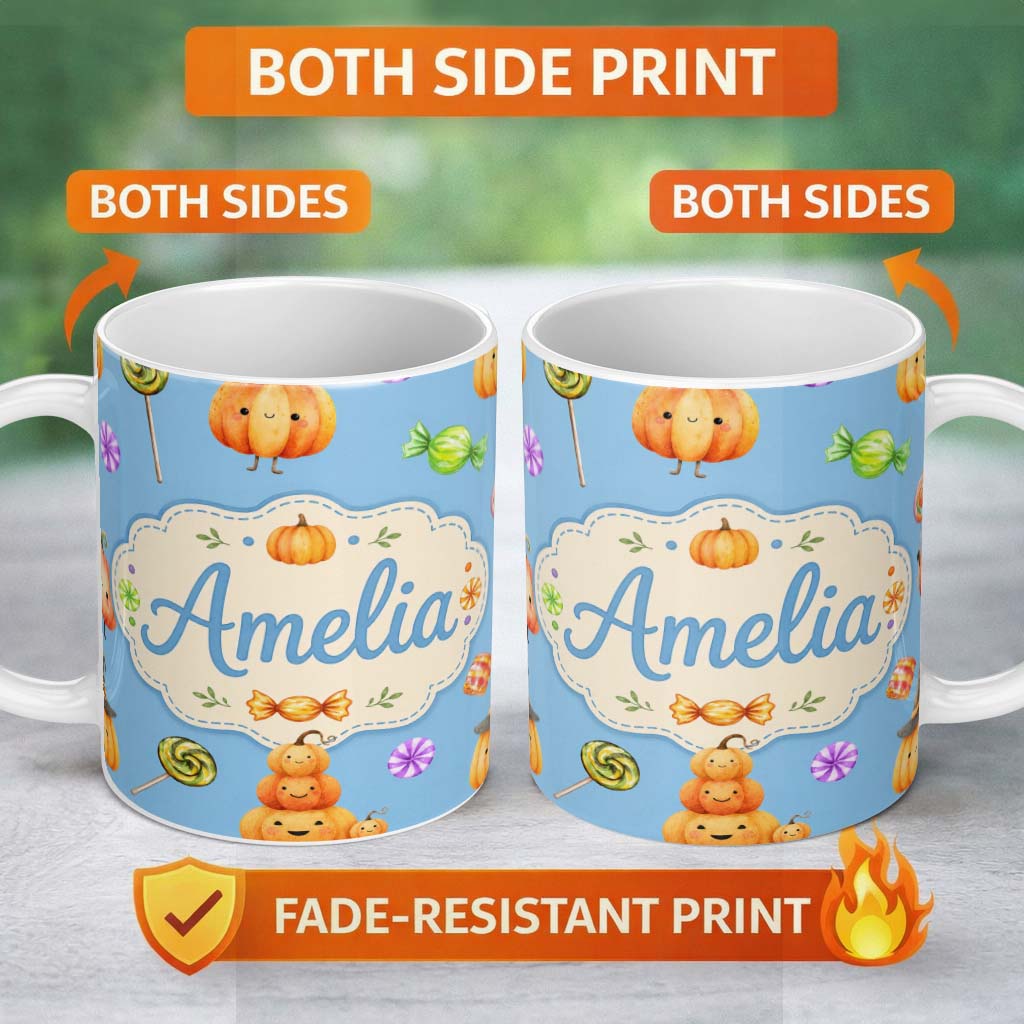Personalized Custom Name Cute Halloween Pumpkin Candy Characters Blue Background Seamless 11oz Ceramic Coffee Tea Mug White Large Handle