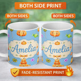 Personalized Custom Name Cute Halloween Pumpkin Candy Characters Blue Background Seamless 11oz Ceramic Coffee Tea Mug White Large Handle