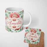 Personalized Custom Name Coral Protea Flowers on Soft Mint Background Seamless Botanical 11oz Ceramic Coffee Tea Mug White Large Handle