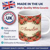 Personalized Custom Name Vintage Red Flower Botanical Seamless Pattern Beautiful Coffee Cup 11oz Ceramic Coffee Tea Mug White Large Handle