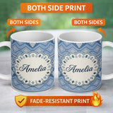 Personalized Custom Name Blue Nordic Knitted Christmas Pattern Seamless Beautiful Coffee Cup 11oz Ceramic Coffee Tea Mug White Large Handle