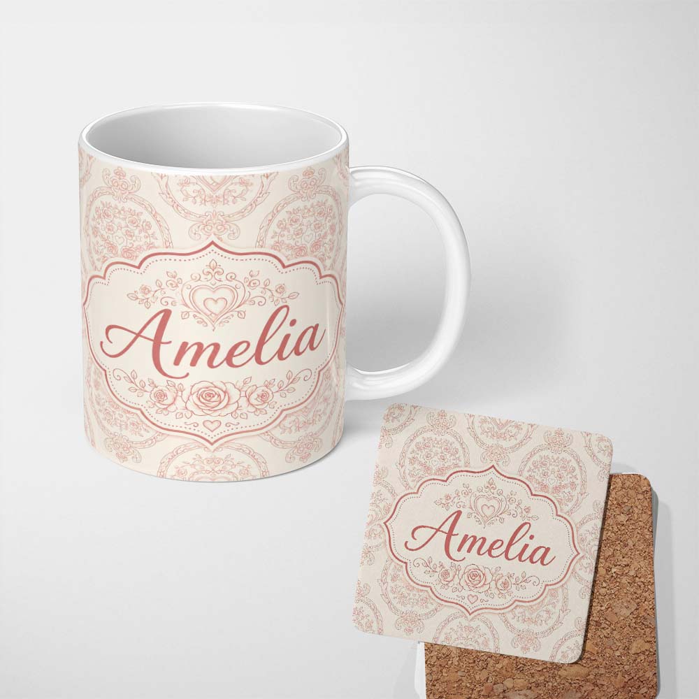 Personalized Custom Name Elegant Vintage Heart Frame Floral Medallion Seamless Pattern Design 11oz Ceramic Coffee Tea Mug White Large Handle