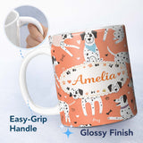 Personalized Custom Name Dalmatian Dogs Hearts Peach Background Seamless Pattern Lovely 11oz Ceramic Coffee Tea Mug White Large Handle