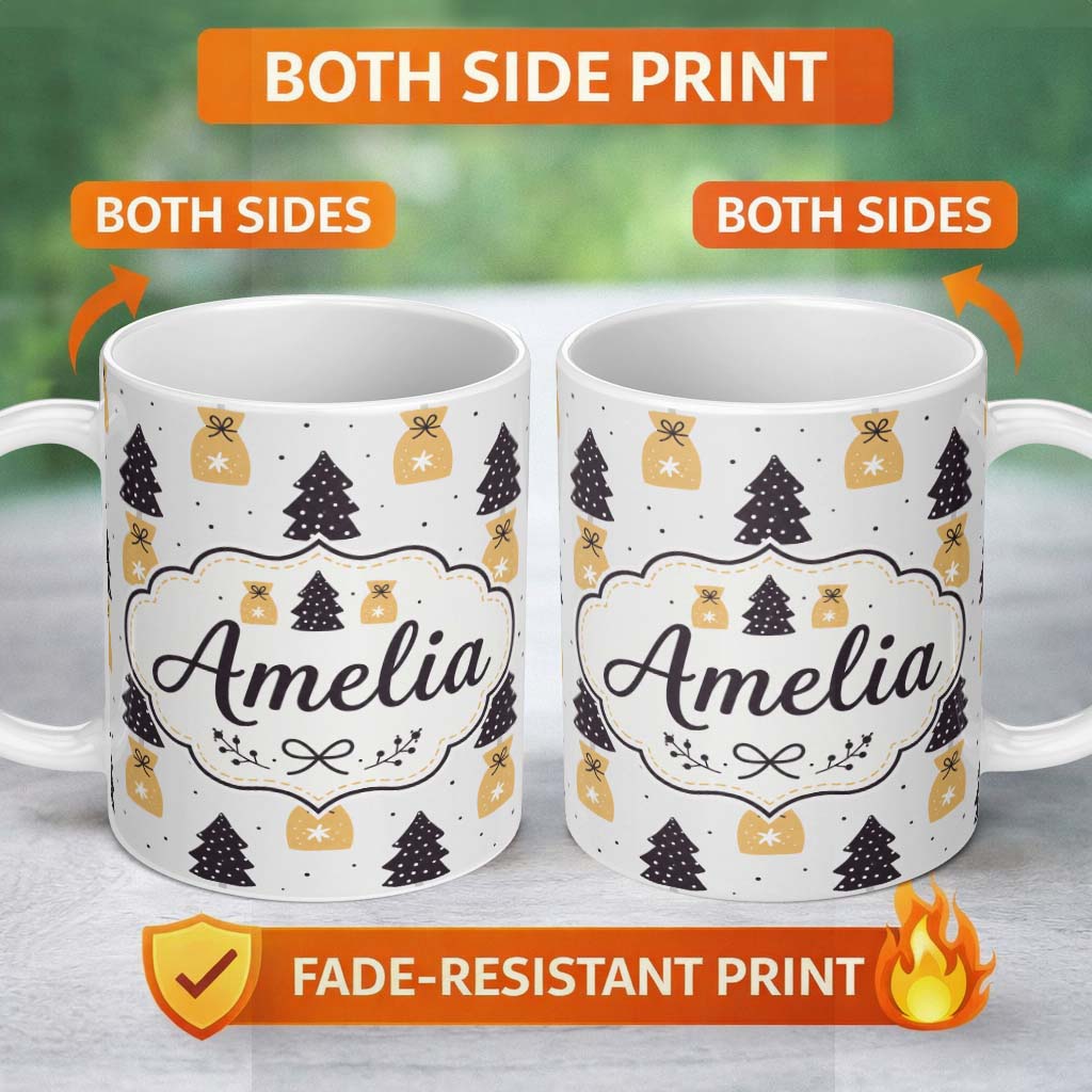 Personalized Custom Name Scandi Christmas Trees Gift Bags Neutral Festive Seamless Pattern 11oz Ceramic Coffee Tea Mug White Large Handle