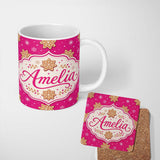 Personalized Custom Name Festive Gingerbread Snowflake Cookie Pink Seamless Pattern Lovely 11oz Ceramic Coffee Tea Mug White Large Handle