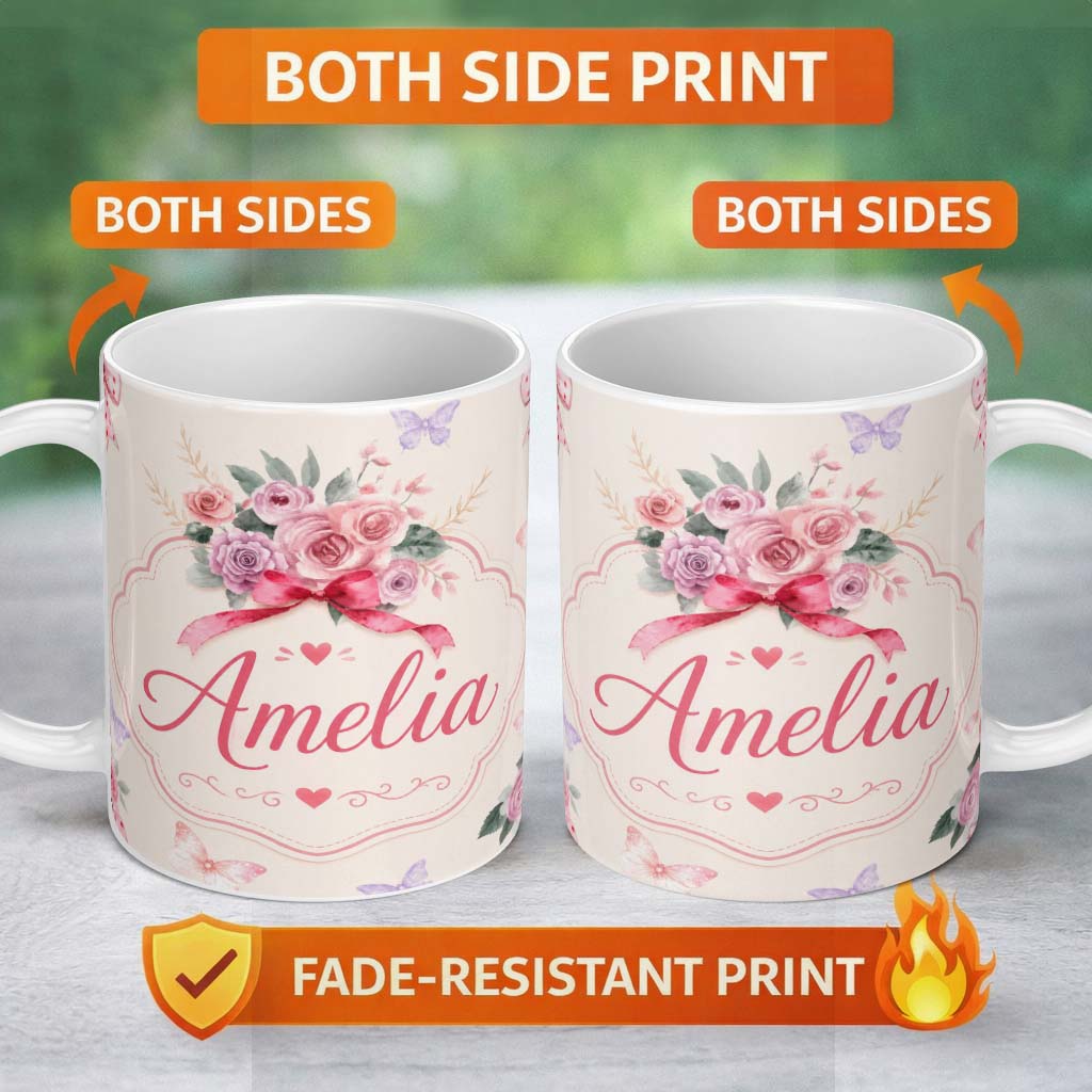 Personalized Custom Name Cute Watercolor Roses Bouquet with Red Ribbon Neutral Beige Lovely 11oz Ceramic Coffee Tea Mug White Large Handle
