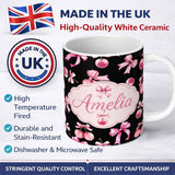 Personalized Custom Name Watercolor Pink Cherry Ribbon Bow Seamless Pattern Light Grey Lovely 11oz Ceramic Coffee Tea Mug White Large Handle