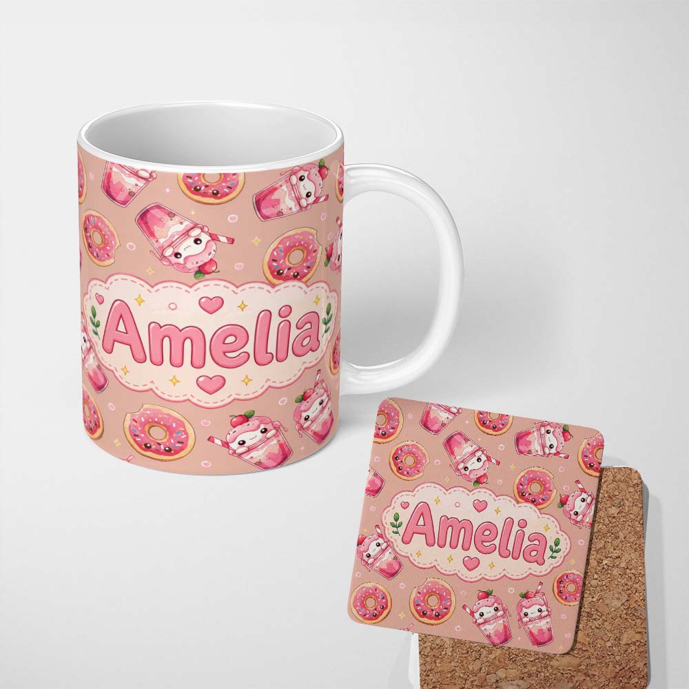 Personalized Custom Name Cute Kawaii Donuts and Strawberry Milkshake Peach Background 11oz Ceramic Coffee Tea Mug White Large Handle