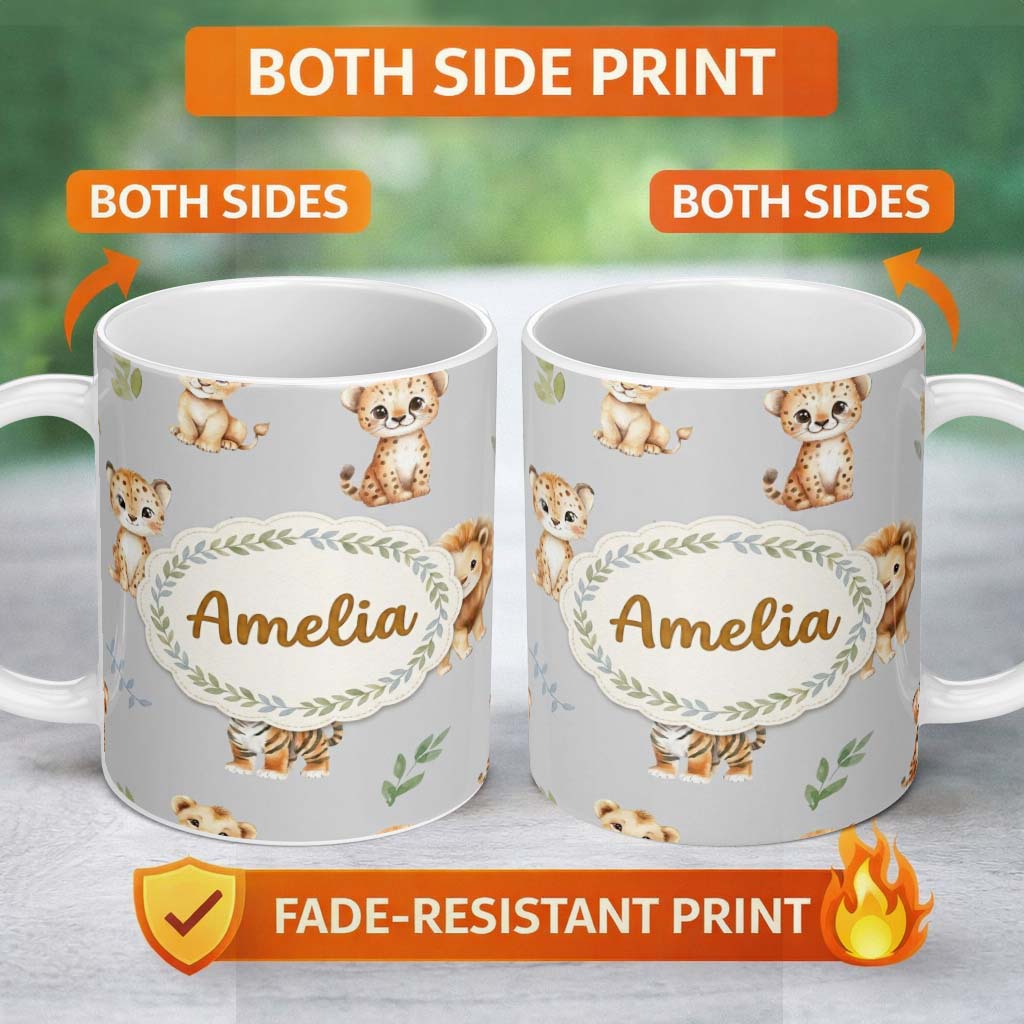 Personalized Custom Name Cute Baby Jungle Animals with Leaves on Light Grey Background Lovely 11oz Ceramic Coffee Tea Mug White Large Handle