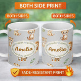 Personalized Custom Name Cute Baby Jungle Animals with Leaves on Light Grey Background Lovely 11oz Ceramic Coffee Tea Mug White Large Handle
