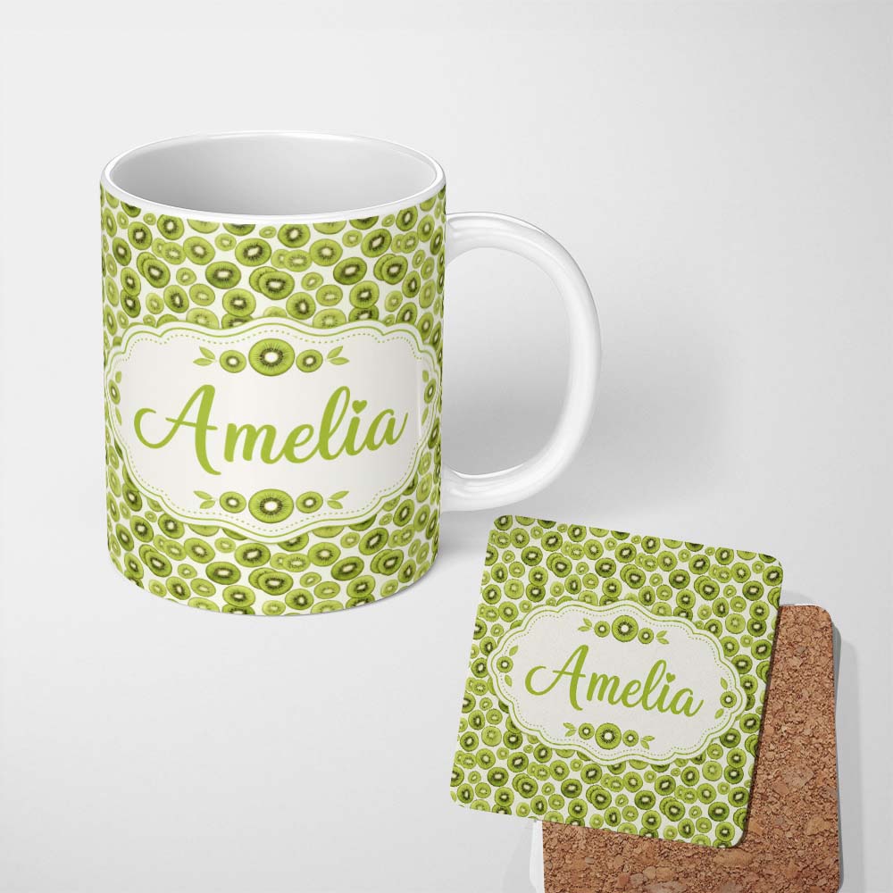 Personalized Custom Name Realistic Kiwi Slice Scatter Seamless Pattern on Cream Background 11oz Ceramic Coffee Tea Mug White Large Handle