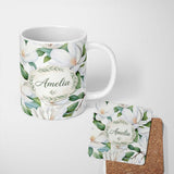Personalized Custom Name Soft White Magnolia Flowers and Green Leaves Seamless Pattern Lovely 11oz Ceramic Coffee Tea Mug White Large Handle