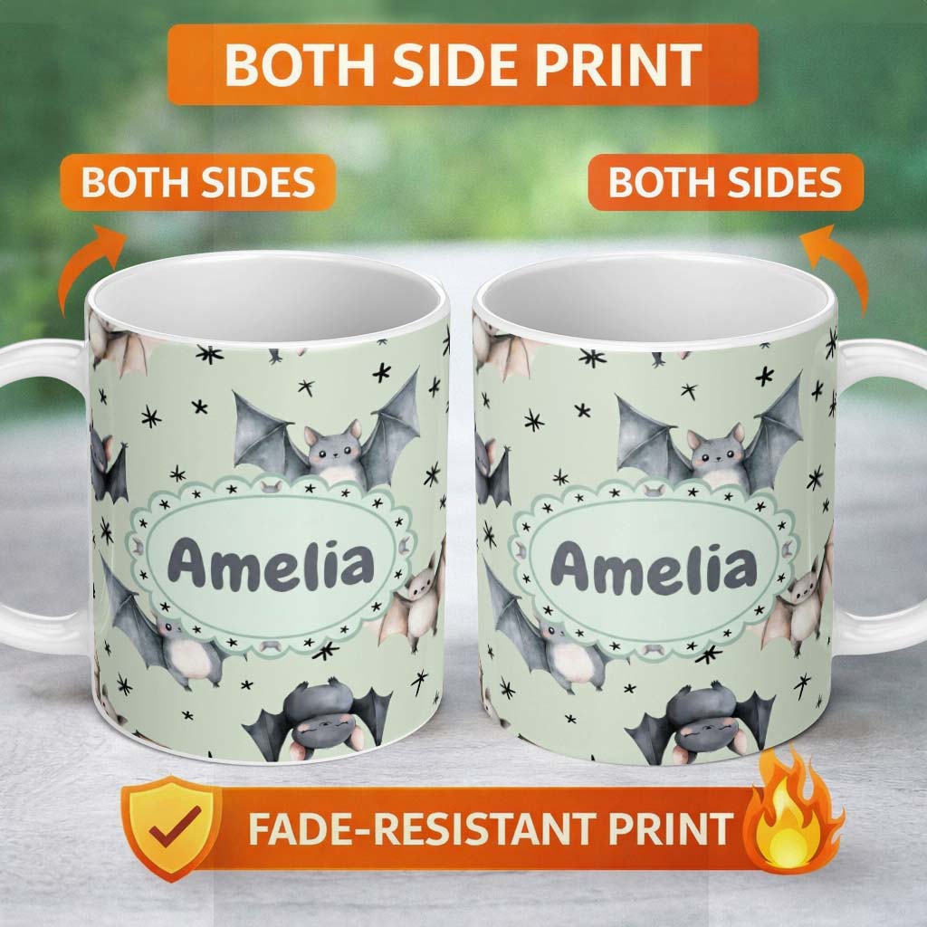 Personalized Custom Name Cute Baby Bats Flying with Stars Soft Sage Green Background 11oz Ceramic Coffee Tea Mug White Large Handle