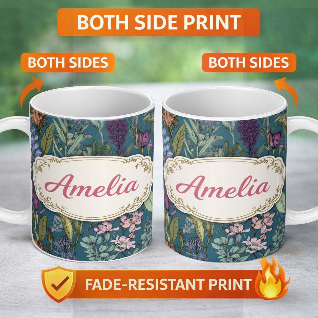 Personalized Custom Name Elegant Botanical Floral Line Art Green Background Seamless Pattern 11oz Ceramic Coffee Tea Mug White Large Handle
