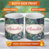 Personalized Custom Name Elegant Botanical Floral Line Art Green Background Seamless Pattern 11oz Ceramic Coffee Tea Mug White Large Handle