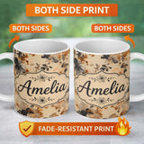 Personalized Custom Name Artistic Watercolor Floral with Soft Neutral Tones Texture Lovely 11oz Ceramic Coffee Tea Mug White Large Handle