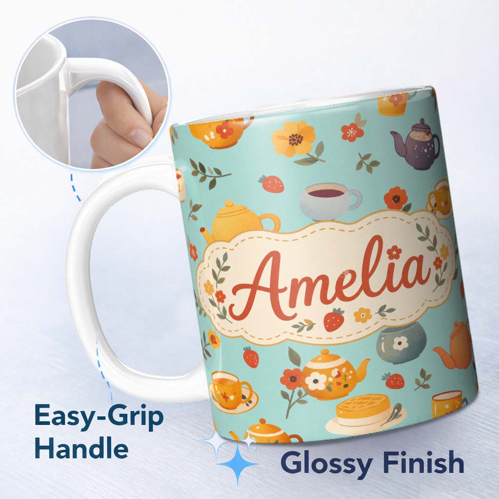 Personalized Custom Name Cute Vintage Teapots Cups Flowers Mint Background Seamless Pattern 11oz Ceramic Coffee Tea Mug White Large Handle