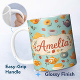 Personalized Custom Name Cute Vintage Teapots Cups Flowers Mint Background Seamless Pattern 11oz Ceramic Coffee Tea Mug White Large Handle