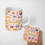 Personalized Custom Name Cute Vintage Teapots Cups Flowers Soft Pink Background Seamless 11oz Ceramic Coffee Tea Mug White Large Handle