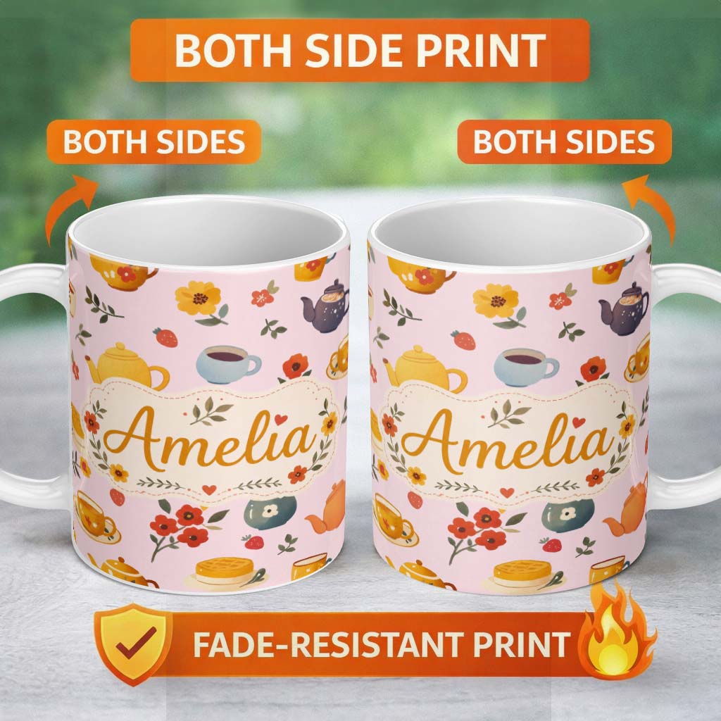 Personalized Custom Name Cute Vintage Teapots Cups Flowers Soft Pink Background Seamless 11oz Ceramic Coffee Tea Mug White Large Handle