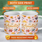 Personalized Custom Name Cute Vintage Teapots Cups Flowers Soft Pink Background Seamless 11oz Ceramic Coffee Tea Mug White Large Handle