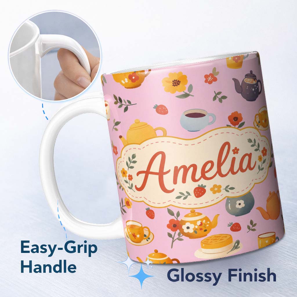 Personalized Custom Name Cute Vintage Teapots Cups Flowers Rose Pink Background Seamless 11oz Ceramic Coffee Tea Mug White Large Handle