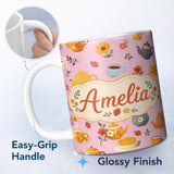 Personalized Custom Name Cute Vintage Teapots Cups Flowers Rose Pink Background Seamless 11oz Ceramic Coffee Tea Mug White Large Handle