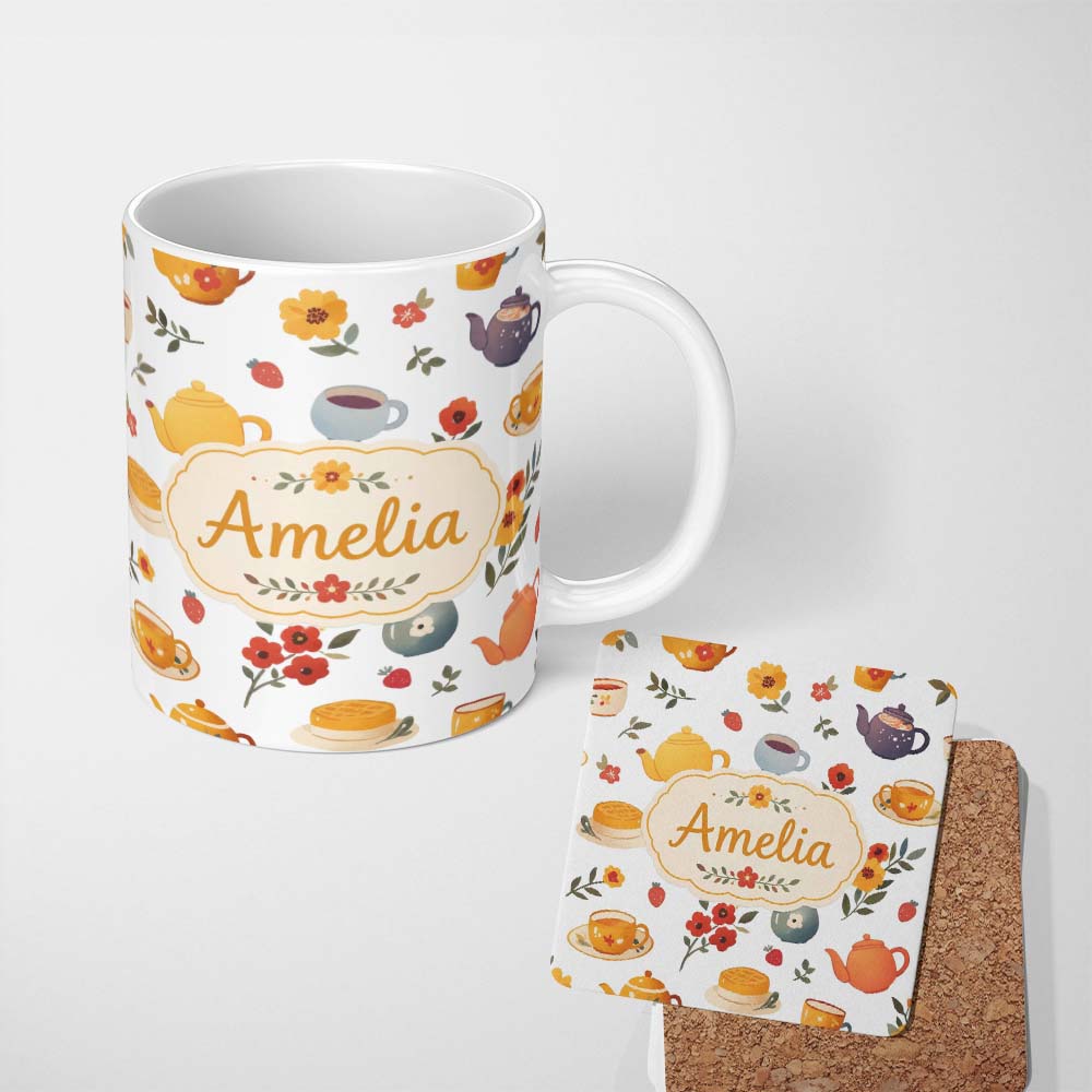 Personalized Custom Name Cute Vintage Teapots Cups Flowers Light Grey Background Seamless 11oz Ceramic Coffee Tea Mug White Large Handle
