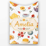 Cute Vintage Teapots Cups Flowers Light Grey Background Seamless  Personalised Custom Name Super Soft Fleece Blanket Bed Sofa Throw