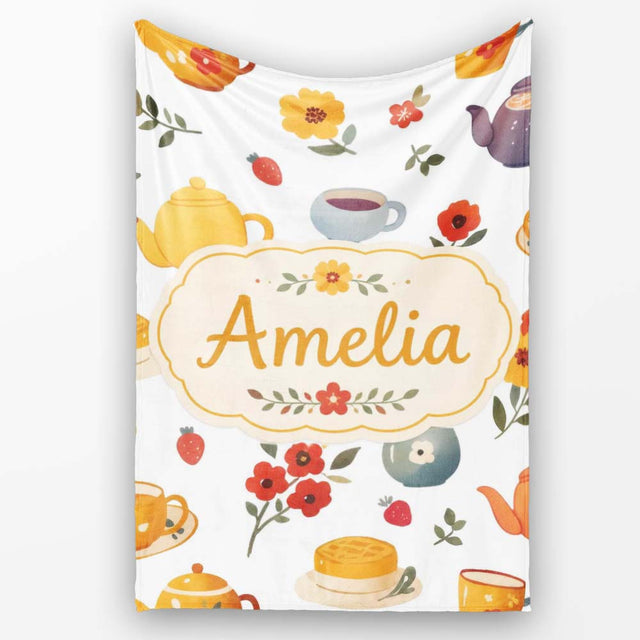 Cute Vintage Teapots Cups Flowers Light Grey Background Seamless  Personalised Custom Name Super Soft Fleece Blanket Bed Sofa Throw