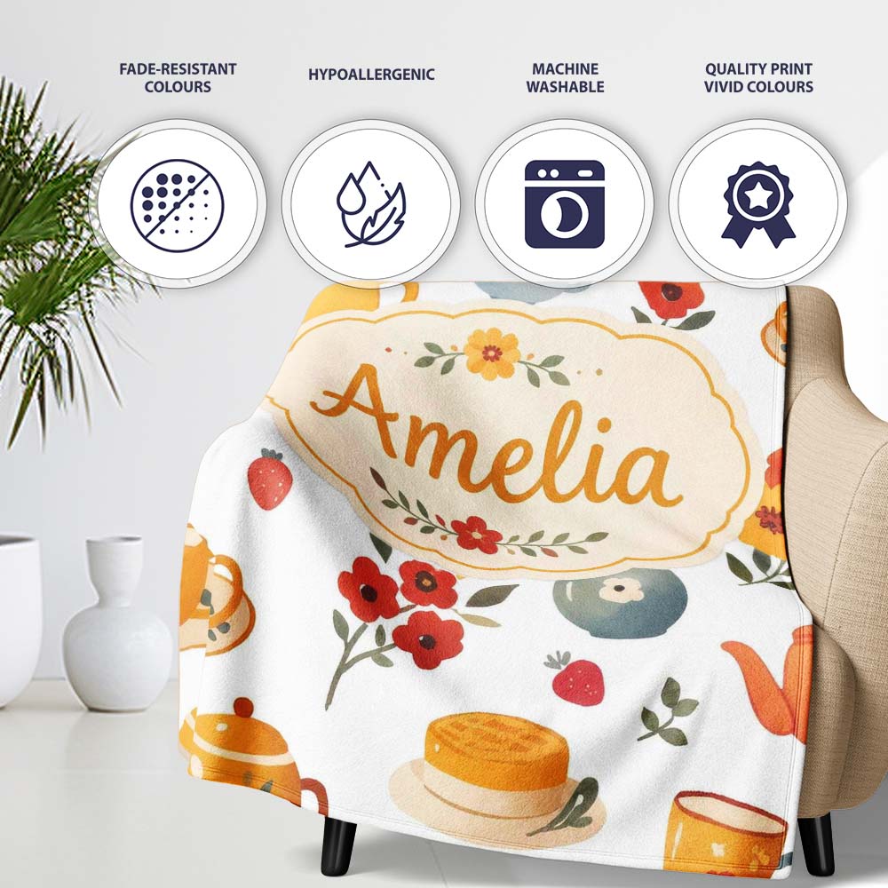 Cute Vintage Teapots Cups Flowers Light Grey Background Seamless  Personalised Custom Name Super Soft Fleece Blanket Bed Sofa Throw