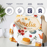 Cute Vintage Teapots Cups Flowers Light Grey Background Seamless  Personalised Custom Name Super Soft Fleece Blanket Bed Sofa Throw