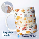 Personalized Custom Name Cute Vintage Teapots Cups Flowers Light Grey Background Seamless 11oz Ceramic Coffee Tea Mug White Large Handle