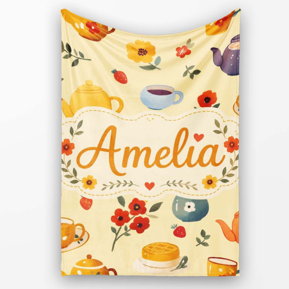 Cute Vintage Teapots Cups Flowers Warm Yellow Background Seamless  Personalised Custom Name Super Soft Fleece Blanket Bed Sofa Throw