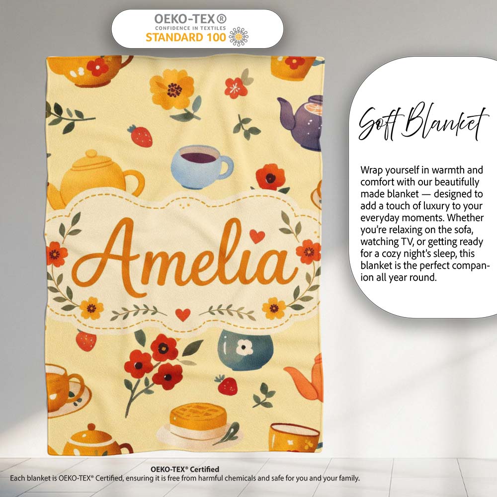 Cute Vintage Teapots Cups Flowers Warm Yellow Background Seamless  Personalised Custom Name Super Soft Fleece Blanket Bed Sofa Throw