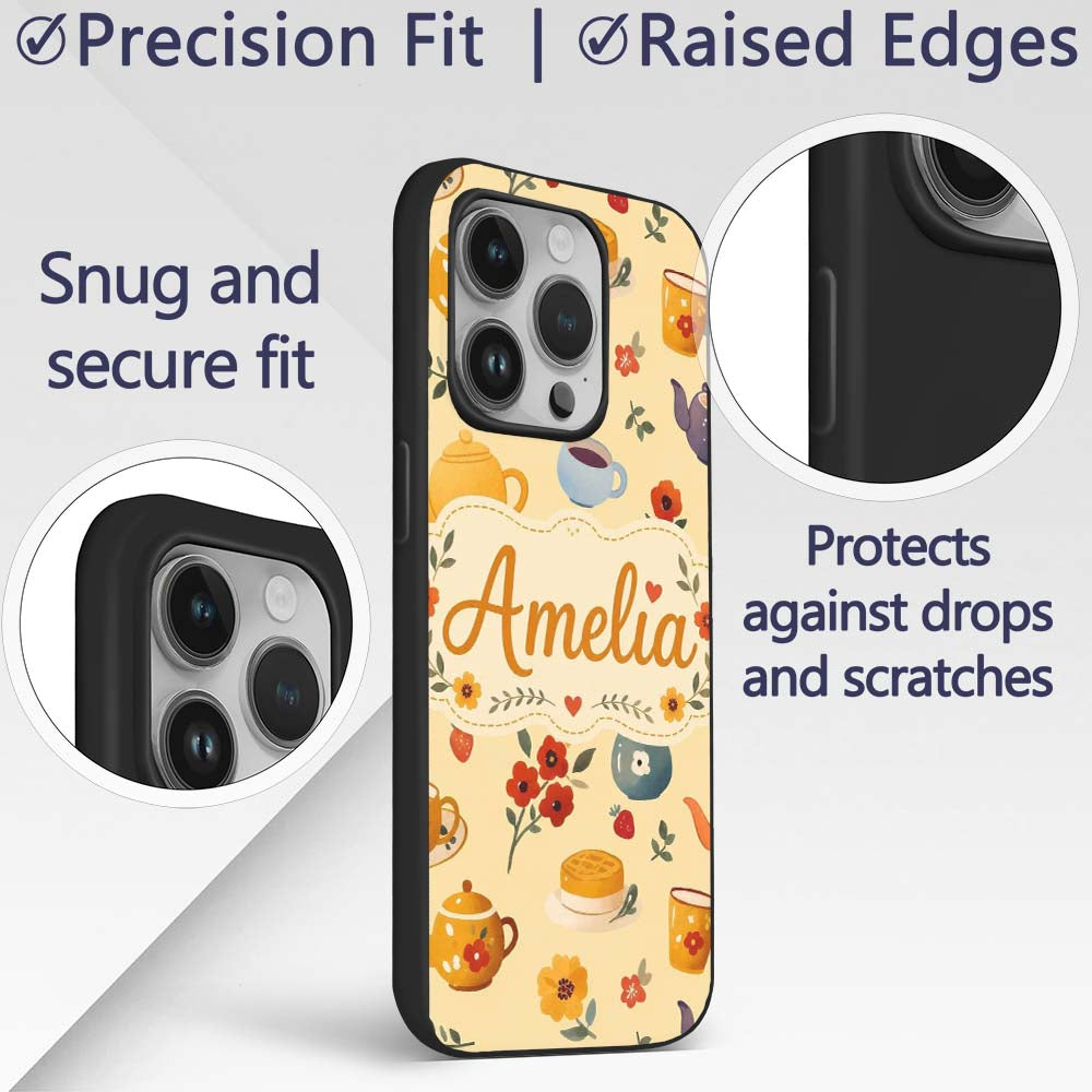 Cute Vintage Teapots Cups Flowers Warm Yellow Custom Name Protective Phone Case Mobile Cover Durable Everyday Smartphone Shock Resistant