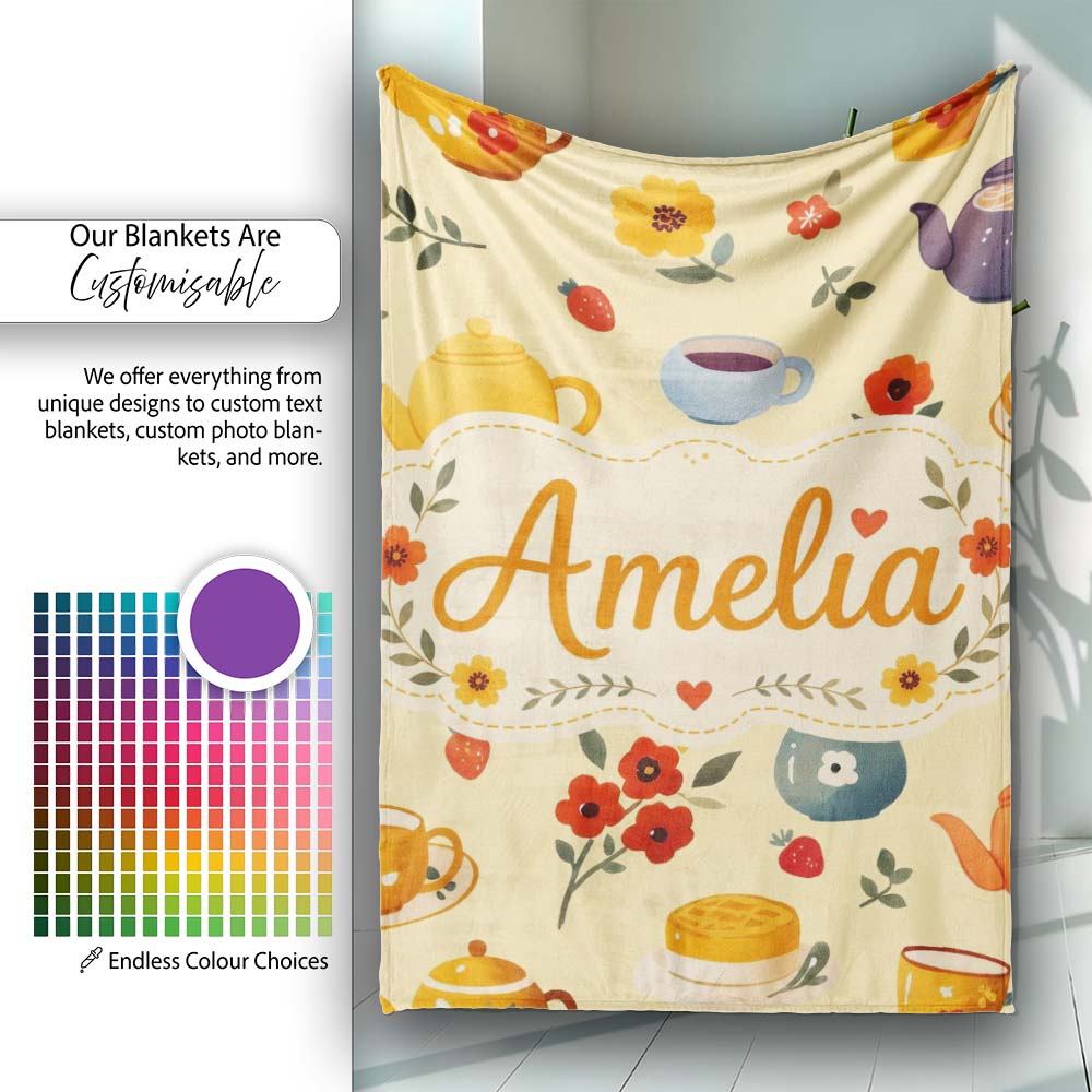 Cute Vintage Teapots Cups Flowers Warm Yellow Background Seamless  Personalised Custom Name Super Soft Fleece Blanket Bed Sofa Throw