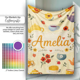 Cute Vintage Teapots Cups Flowers Warm Yellow Background Seamless  Personalised Custom Name Super Soft Fleece Blanket Bed Sofa Throw