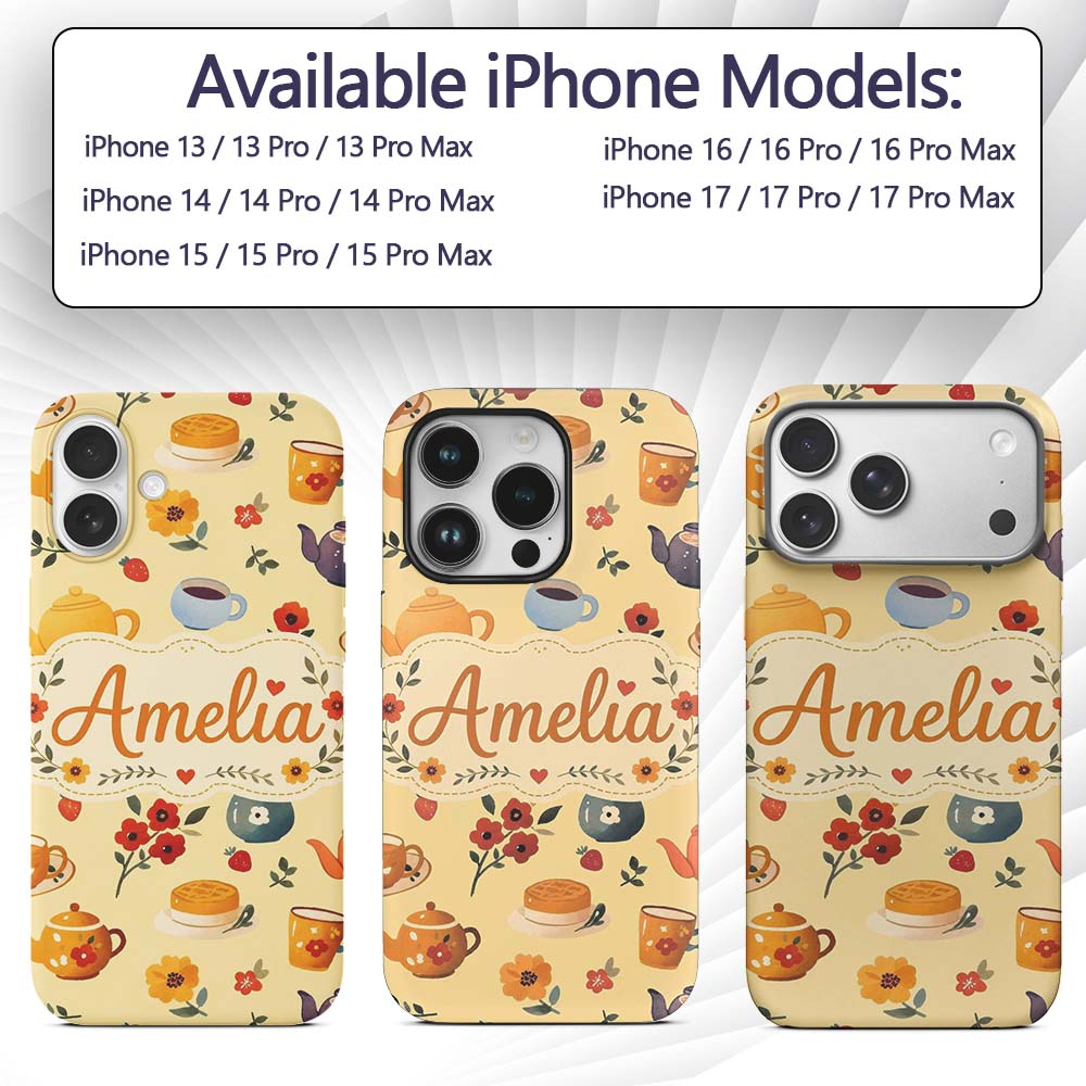 Cute Vintage Teapots Cups Flowers Warm Yellow Custom Name Protective Phone Case Mobile Cover Durable Everyday Smartphone Shock Resistant