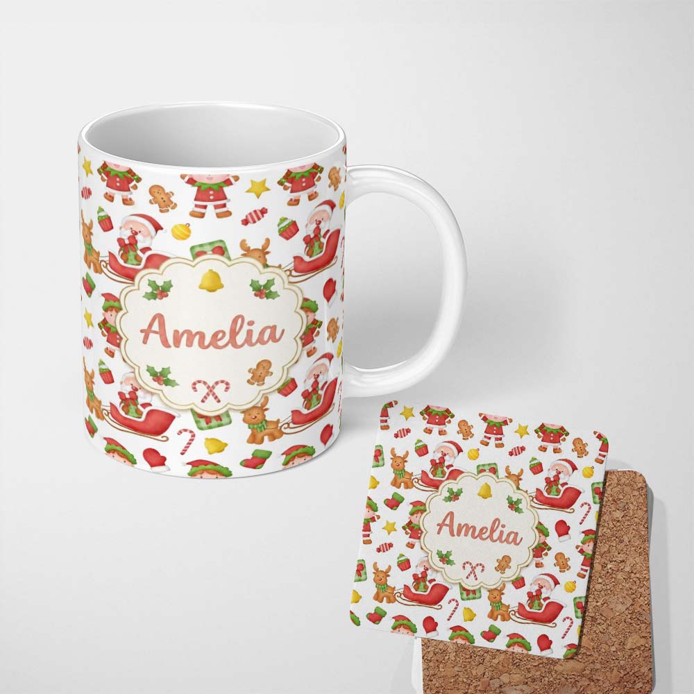 Personalized Custom Name Cute Santa Sleigh Reindeer Elf Christmas Seamless Pattern Lovely 11oz Ceramic Coffee Tea Mug White Large Handle