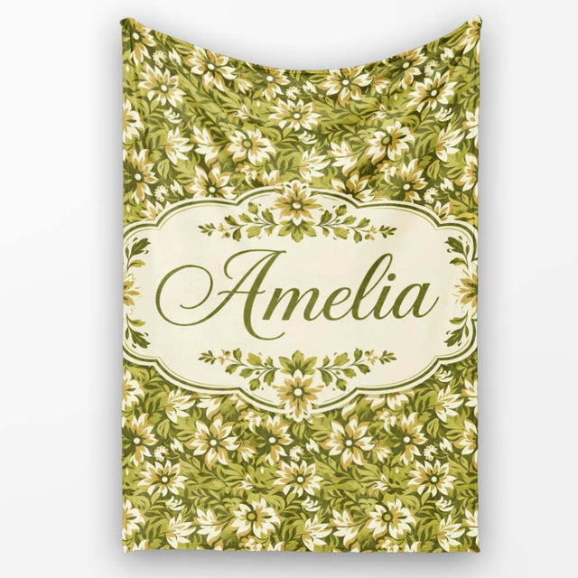 Floral Daisy Olive Green Garden Seamless Pattern Name Cute Unique  Personalised Custom Name Super Soft Fleece Blanket Bed Sofa Throw