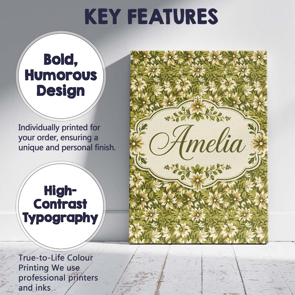 Personalised Name Floral Daisy Olive Green Custom  Unique Gift Idea Elegant Feature Canvas Wall Art Print Decor Picture Ready to Hang