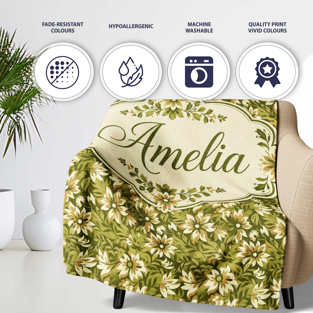 Floral Daisy Olive Green Garden Seamless Pattern Name Cute Unique  Personalised Custom Name Super Soft Fleece Blanket Bed Sofa Throw