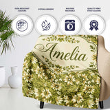 Floral Daisy Olive Green Garden Seamless Pattern Name Cute Unique  Personalised Custom Name Super Soft Fleece Blanket Bed Sofa Throw