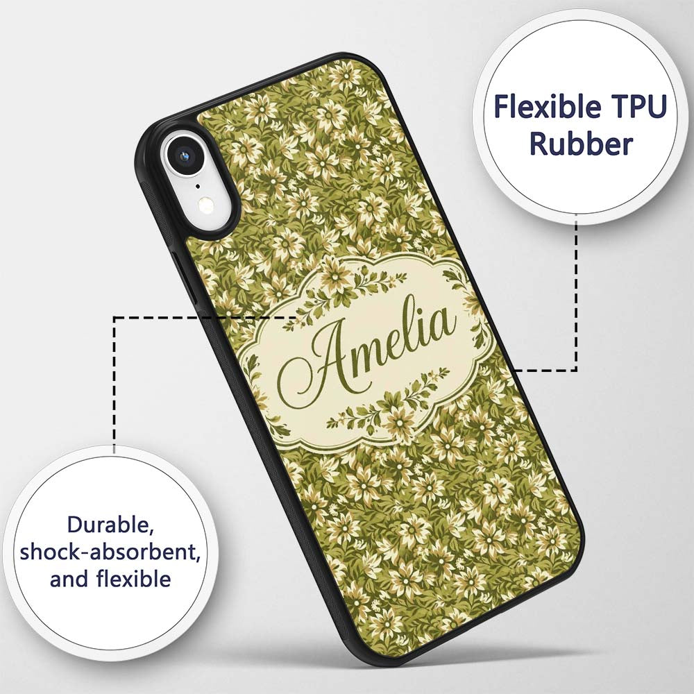 Floral Daisy Olive Green Garden Seamless Pattern Custom Name Protective Phone Case Mobile Cover Durable Everyday Smartphone Shock Resistant
