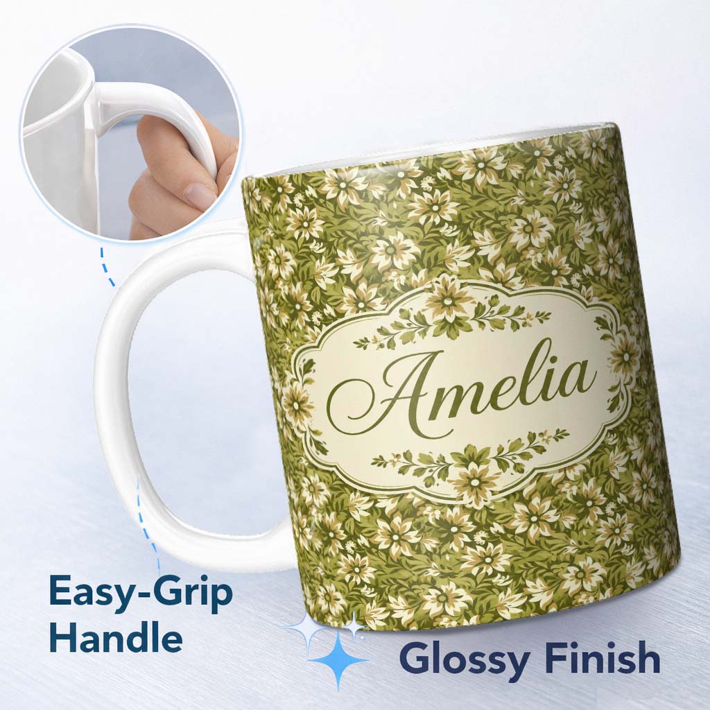 Personalized Custom Name Floral Daisy Olive Green Garden Seamless Pattern Name Cute Unique 11oz Ceramic Coffee Tea Mug White Large Handle