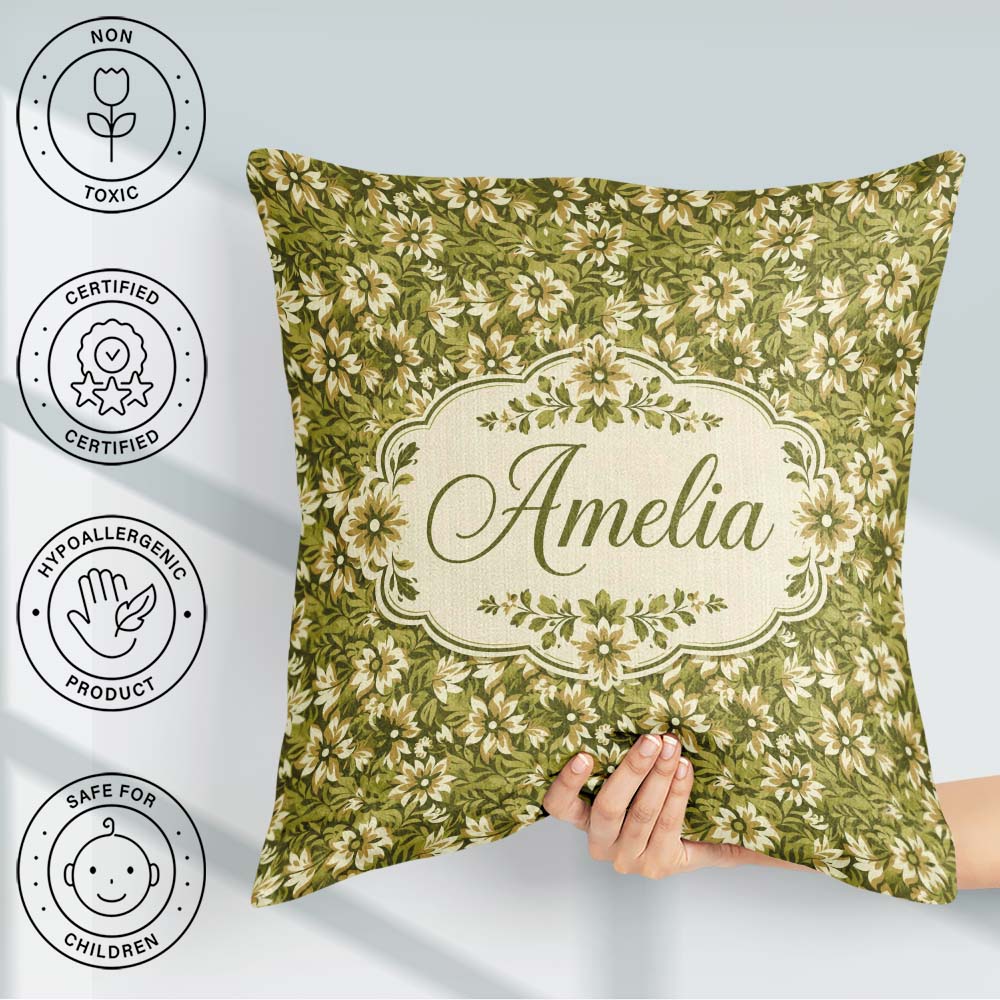 Custom Name Floral Daisy Olive Garden Seamless Pattern Name Cute Square Filled Cushion Throw Pillow Sofa Bed Home Decor Zip Washable UK Made