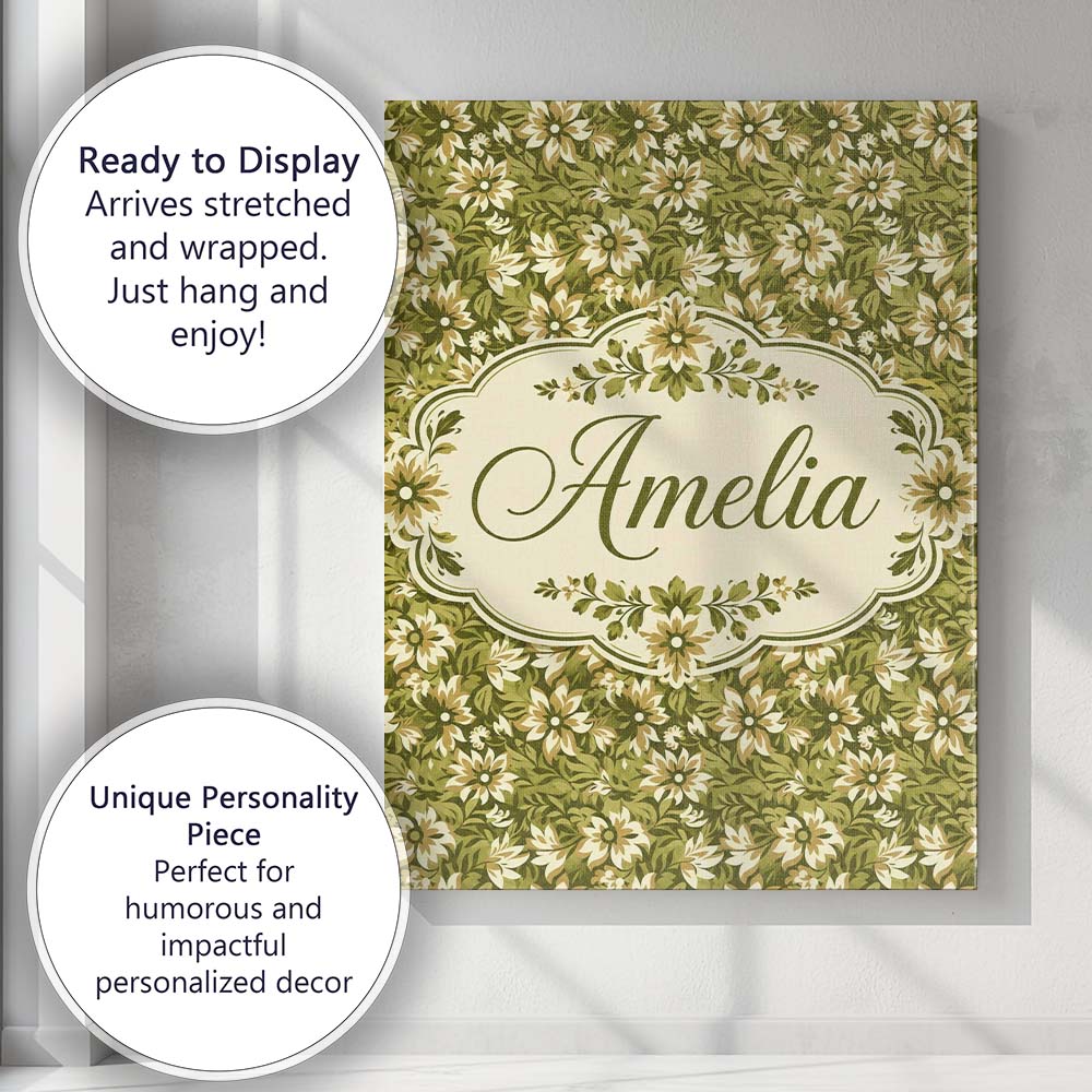 Personalised Name Floral Daisy Olive Green Custom  Unique Gift Idea Elegant Feature Canvas Wall Art Print Decor Picture Ready to Hang